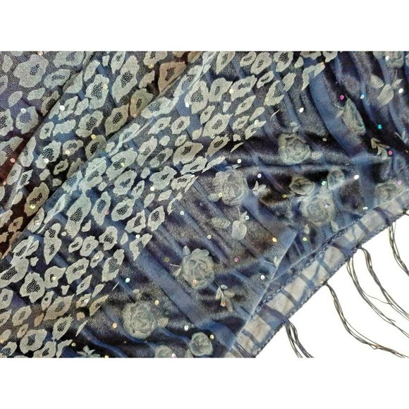 Navy Sparkly Striped Animal Print Floral Fringed Wrap Scarf New - Picture 3 of 4